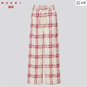 EUC Marni & Uniqulo Wide Straight Leg Drape Pants cream with pink abstract plaid